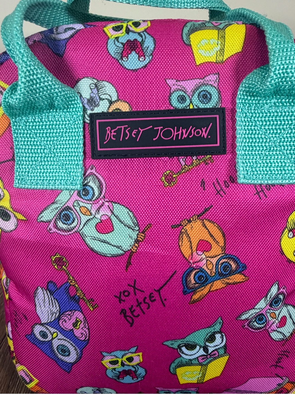 Betsey Johnson Owl Print Insulated Lunch Tote Pink Multi Cooler Bag - Picture 2 of 8